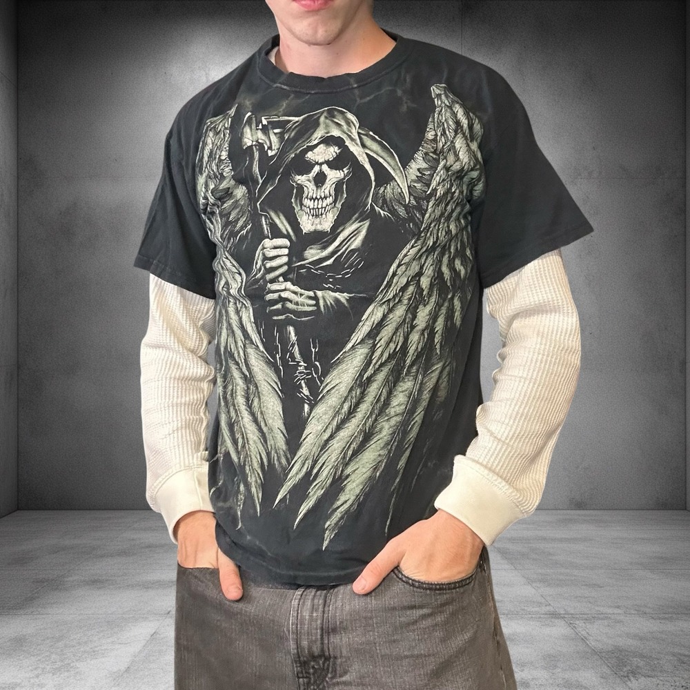 Vintage Y2K Grim Reaper Angel Wings Graphic Tee Shirt Black Medium Boxy Fit